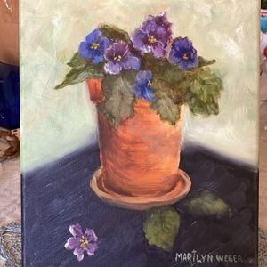 HANDCRAFTED AFRICAN VIOLETS, appx, 8 x 10” clay pot & saucer.  $100